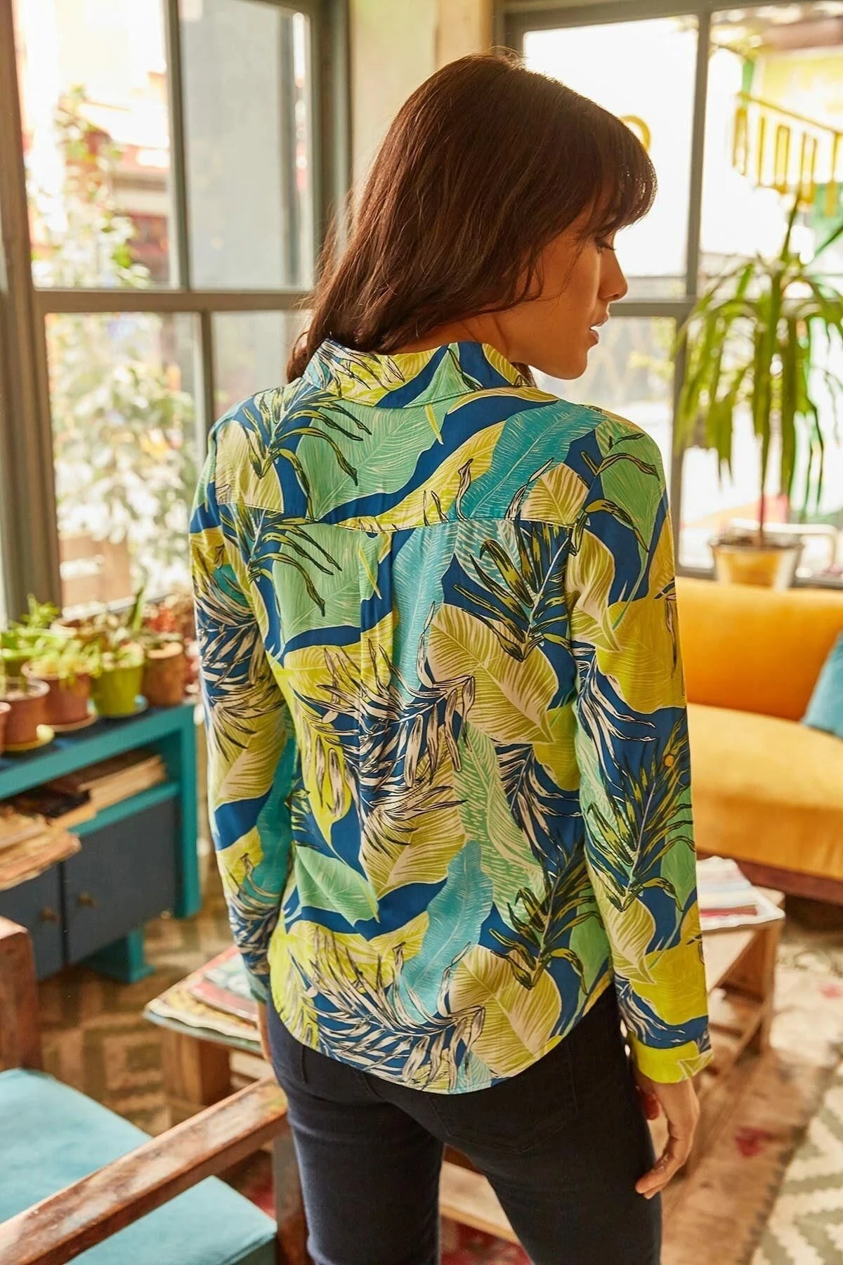 Kadın Sarı Kaliteli Üretim Yaprak Desenli Regular Kesim Uzun Kol Gömlek