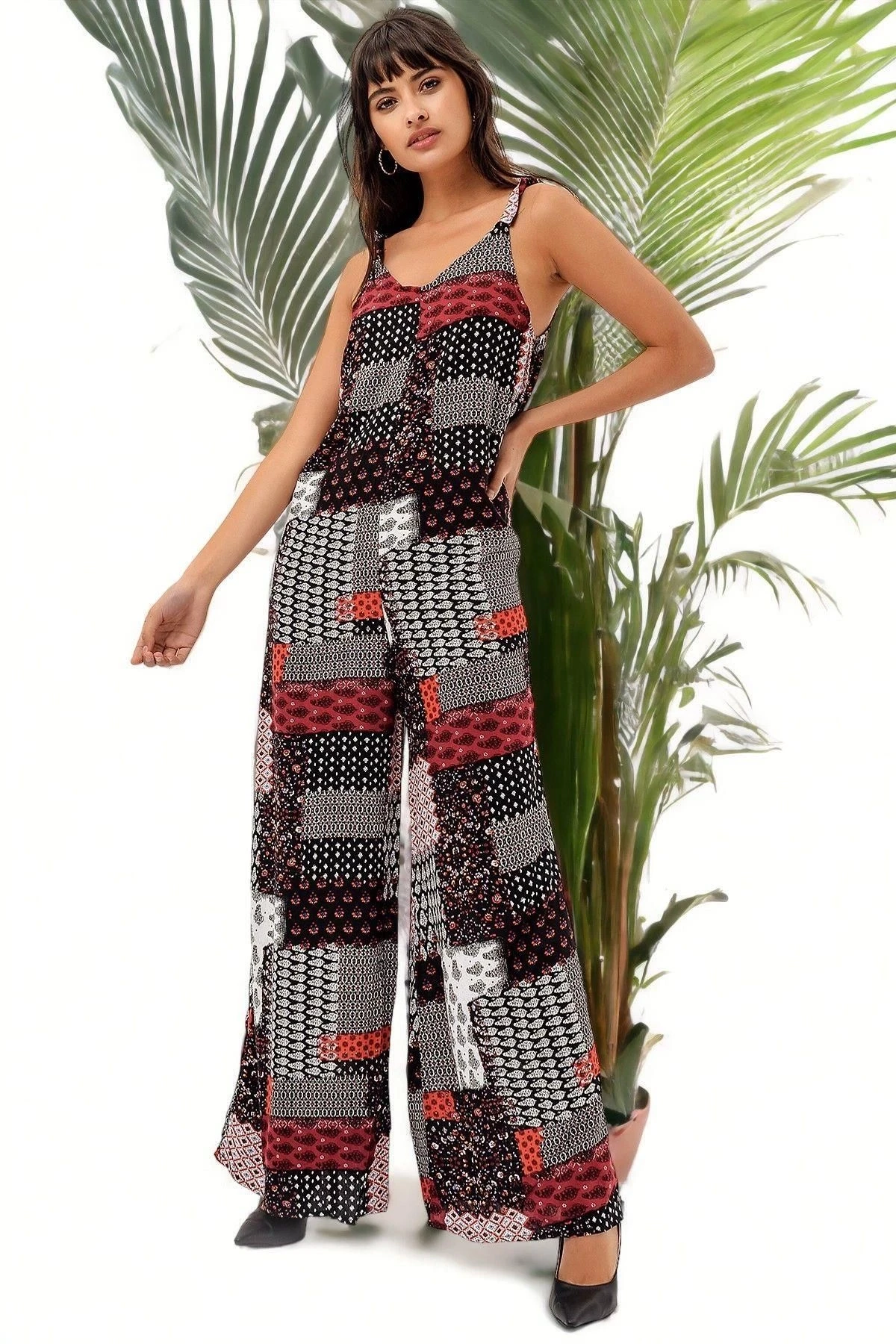 Kadın Siyah Patchwork Desenli Askılı Maksi Boy, Uzun Rahat Ve Günlük Tulum