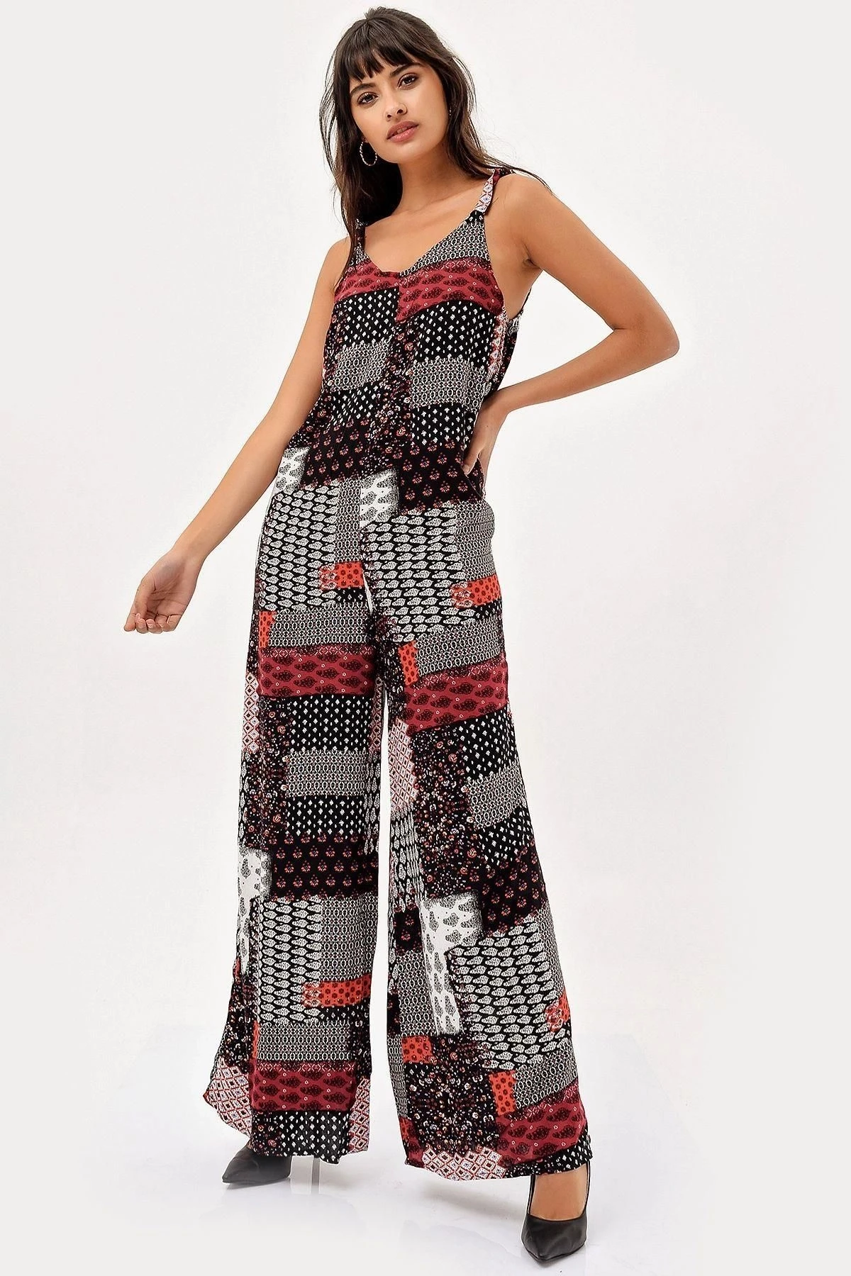 Kadın Siyah Patchwork Desenli Askılı Maksi Boy, Uzun Rahat Ve Günlük Tulum