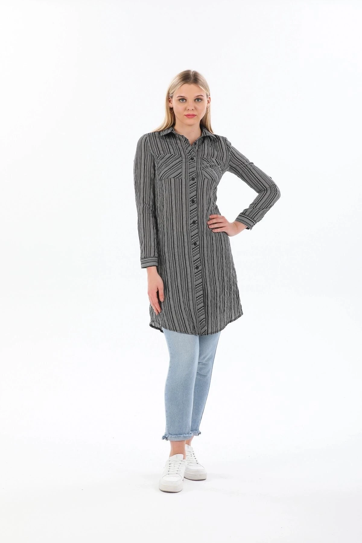 Kadın Siyah Uzun Kol Çift Cepli Çizgili Gömlek Elbise - Tesettüre Uygun