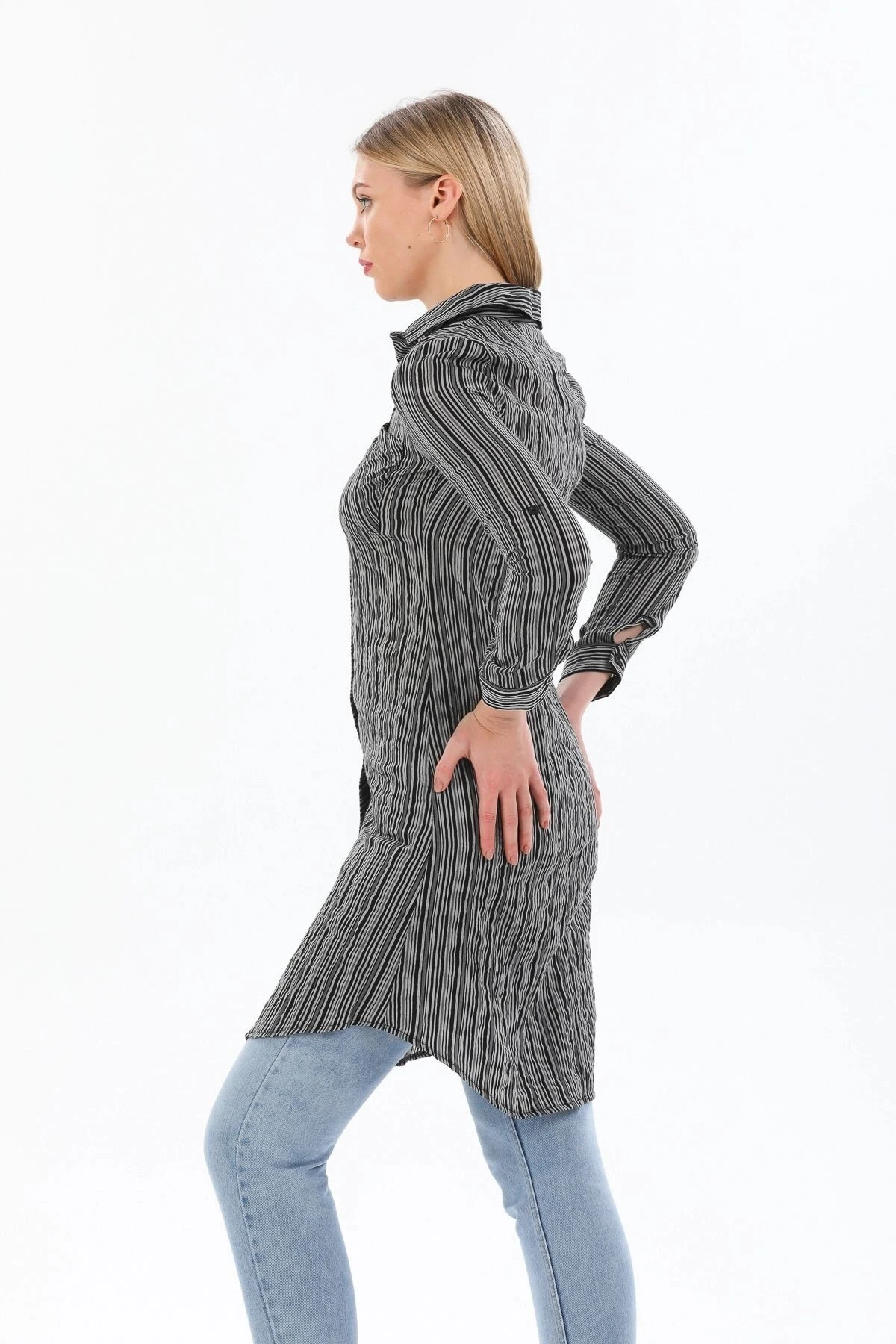 Kadın Siyah Uzun Kol Çift Cepli Çizgili Gömlek Elbise - Tesettüre Uygun