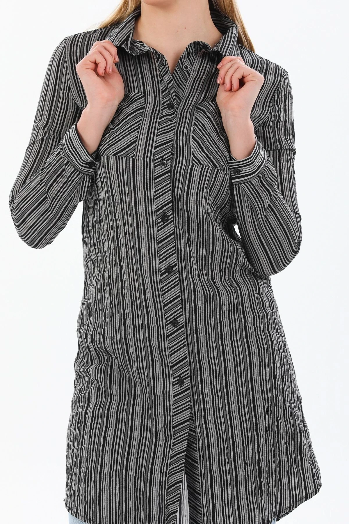 Kadın Siyah Uzun Kol Çift Cepli Çizgili Gömlek Elbise - Tesettüre Uygun
