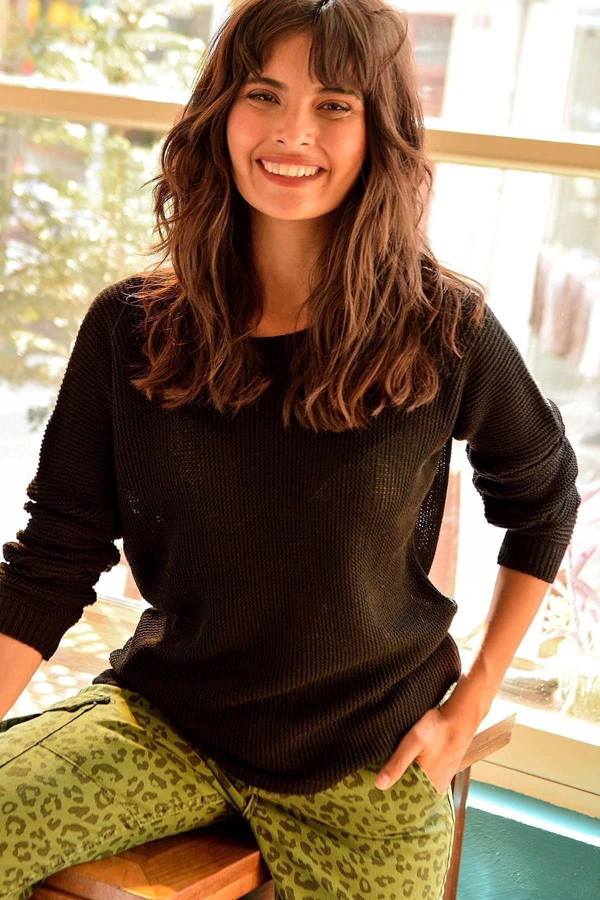 Kadın Siyah Yuvarlak Yaka, Uzun Kol, Basic, , Düz Kesim, Standart Boy Triko