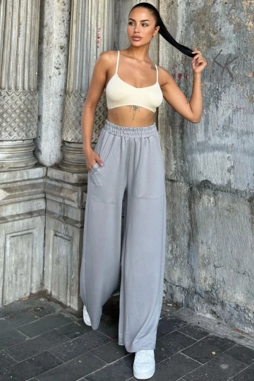 Açık Gri Beli Lastikli, Cepli, Bol Paça, Salaş Pantolon