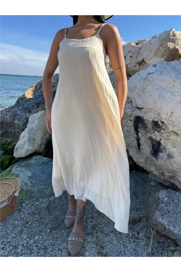 Bej Askılı Midi Elbise