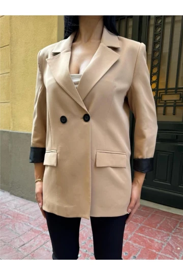 Bej İki Düğmeli Polyester Keten Ceket