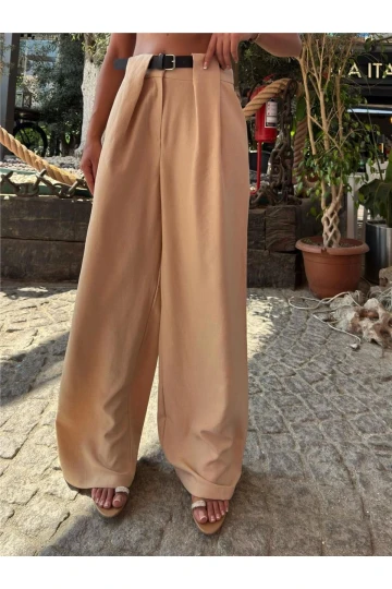 Bej Keten Karışımlı Kemerli Pantolon