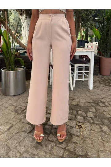 Bej Likralı Palazzo Beli Lastikli Pantolon