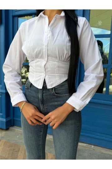 Beyaz Pamuk Polyester Parçalı Gömlek