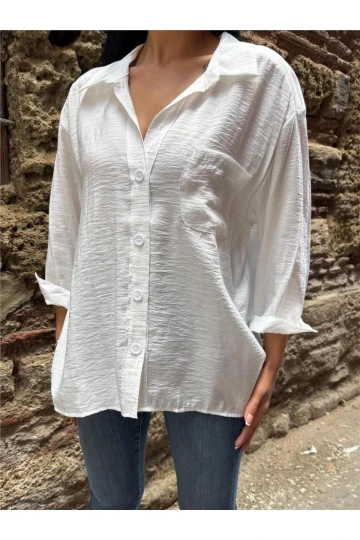 Beyaz Pamuklu Cepli Düşük Gömlek