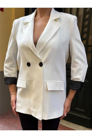 Beyaz Polyester Keten Düğmeli Ceket
