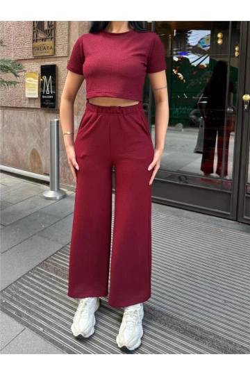 Bordo Modal Polyester Keten Bisiklet Yaka Takım