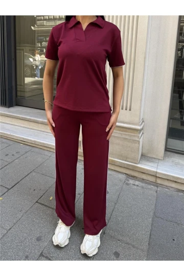 Bordo Polyester Keten Polo Yaka Takım