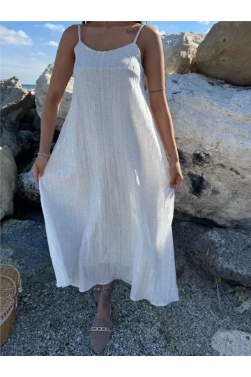 Ekru Askılı Saten Dökümlü Elbise