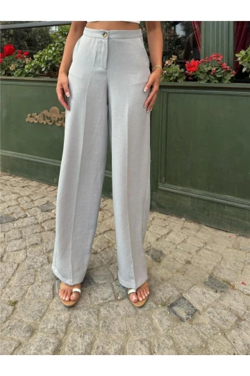 Gri Keten Karışımlı Düz Paça Pantolon