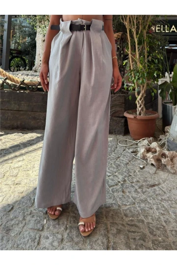 Gri Keten Karışımlı Kemerli Pantolon