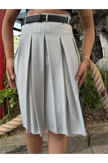 Gri Pileli Etek Kemerli Etek
