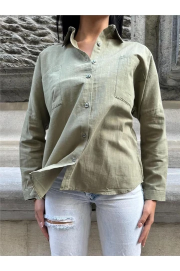 Haki Çift Cepli Viskon Oversize Gömlek