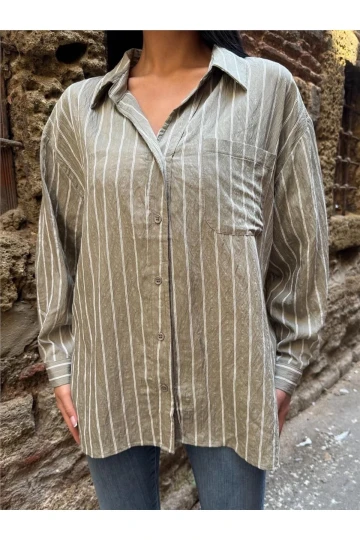 Haki Çizgili Oversize Keten Gömlek
