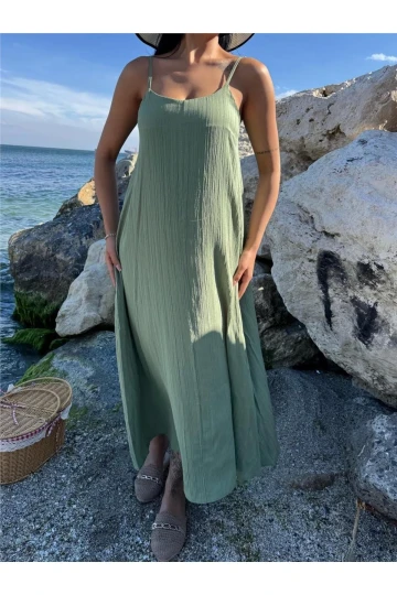 Haki İp Askılı Kısa Elbise