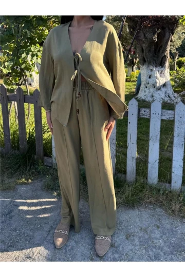 Haki Kruvaze Saten Bağlamalı Takım