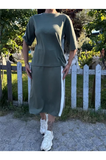 Haki Pamuk Yandan Çizgili Midi Takım