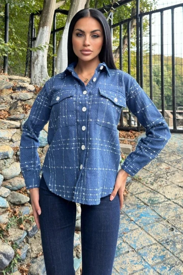 İndigo Ekose Tüvit Kumaş, Çift Cepli, Uzun Salaş Gömlek Ceket