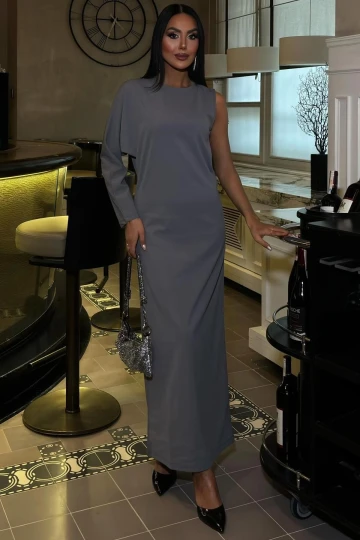 Kadın Antrasit Dokuma Tek Kol Uzun Elbise