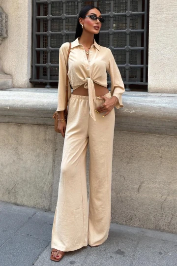 Kadın Bej Ayrobin Uzun Kollu Düz Bağlamalı İkili Takım