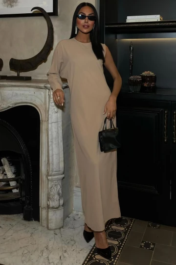 Kadın Bej Dokuma Tek Kol Uzun Bisiklet Yaka Elbise