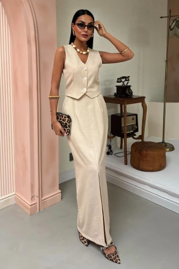 Kadın Bej Keten Düz V Yaka Kolsuz Takım