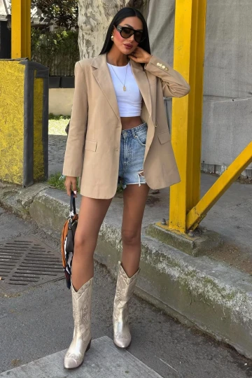 Kadın Bej Kruvaze Dokuma Oversize Ceket