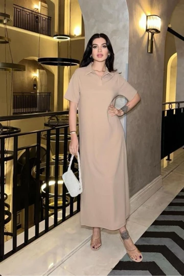 Kadın Bej Scuba Krep Polo Yaka Uzun Elbise