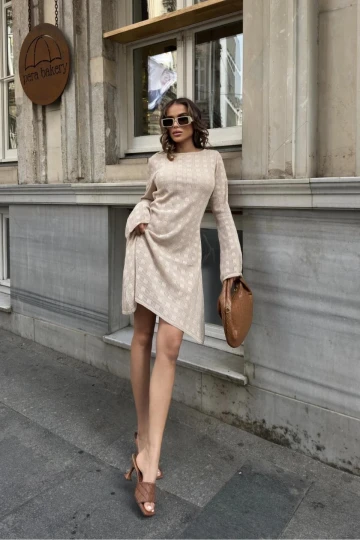Kadın Bej Triko Uzun Kol Ajurlu Mini Elbise