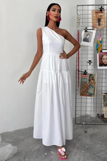 Kadın Beyaz Asimetrik Tek Omuz Wual Maxi Elbise