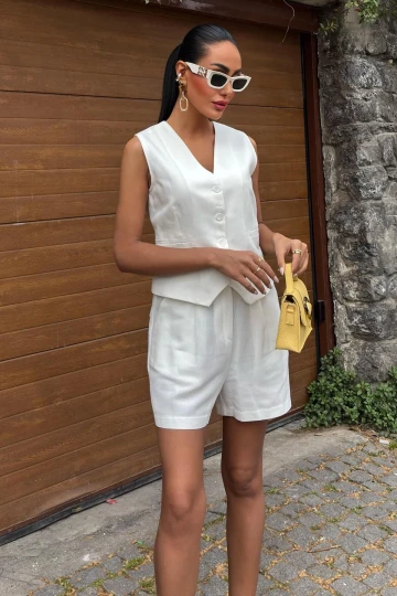 Kadın Beyaz Flamlı Keten İkili Kısa Takım