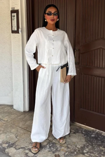 Kadın Beyaz Keten Oversize Uzun İkili Takım