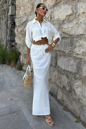 Kadın Beyaz Keten Uzun Gömlek Yaka Takım