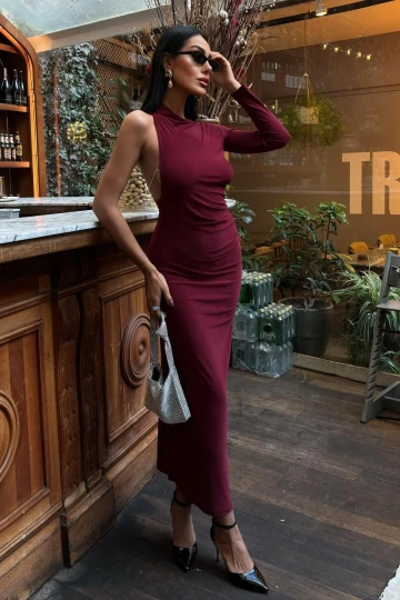 Kadın Bordo Candy Kumaş Uzun Tek Kol Elbise