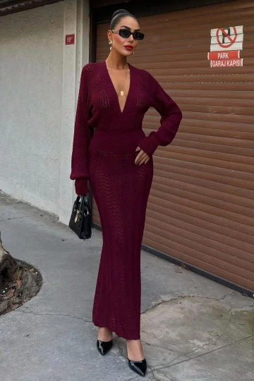 Kadın Bordo Çizgili Akrilik Uzun V Yaka Elbise