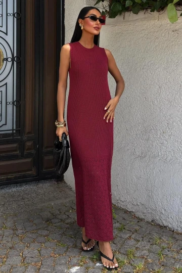 Kadın Bordo Kolsuz Örme Maxi Elbise