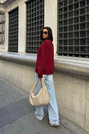 Kadın Bordo Pamuklu Taşlı Oversize Sweatshirt