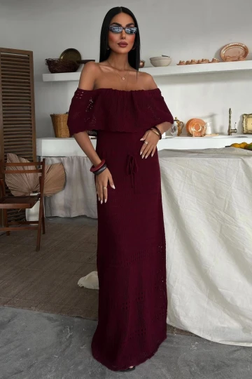 Kadın Bordo Straplez Triko Uzun Elbise