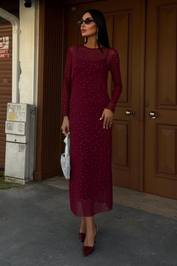 Kadın Bordo Taş İşlemeli Tül Uzun Elbise