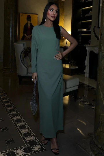 Kadın Çağla Yeşili Dokuma Uzun Tek Kol Elbise