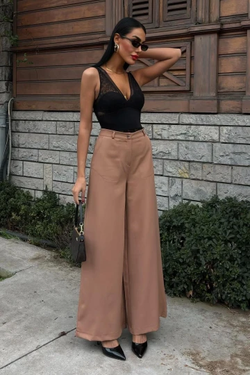 Kadın Camel Dokuma Uzun Bol Paça Palazzo Pantolon