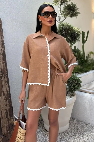 Kadın Camel Keten Biye Detaylı Kısa Şortlu Takım