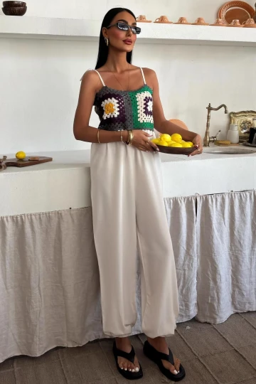 Kadın Ekru Desenli Dokuma Askılı Uzun Tulum