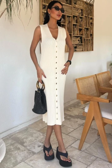 Kadın Ekru Fitilli Kolsuz Uzun Örme Elbise