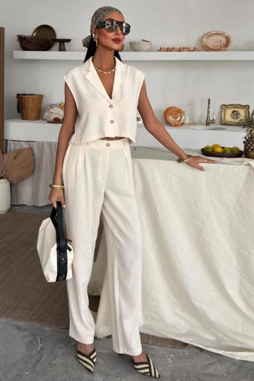 Kadın Ekru Kolsuz Polyester Crop Dokuma Takım